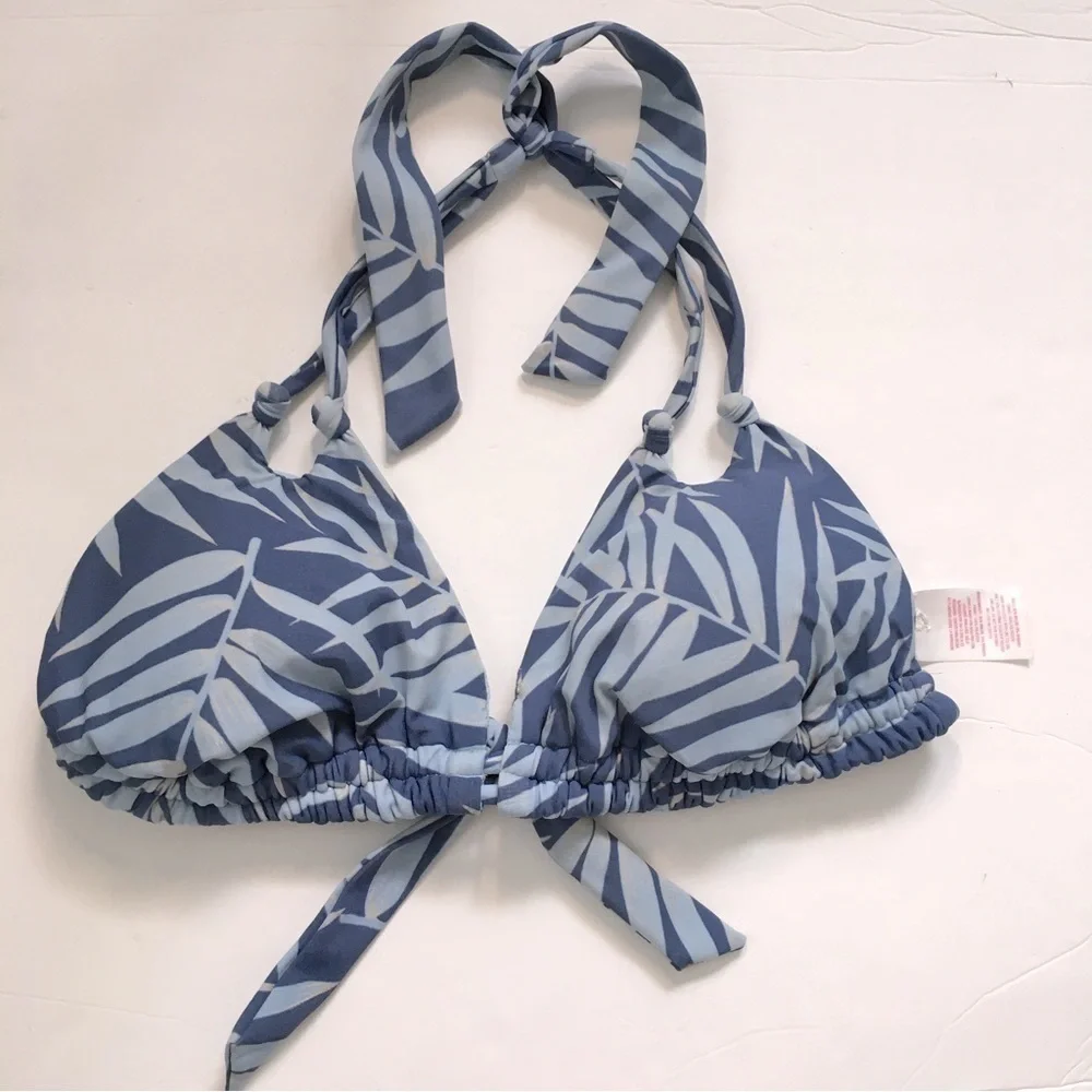 Xhiliration Blue Palm print Adjustable Straps Swimsuit Bikini Top